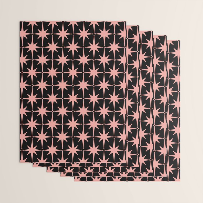 Midcentury Modern Atomic Starburst Pattern in Black and 50s Bathroom Pink Wrapping Paper Gallery Image 3