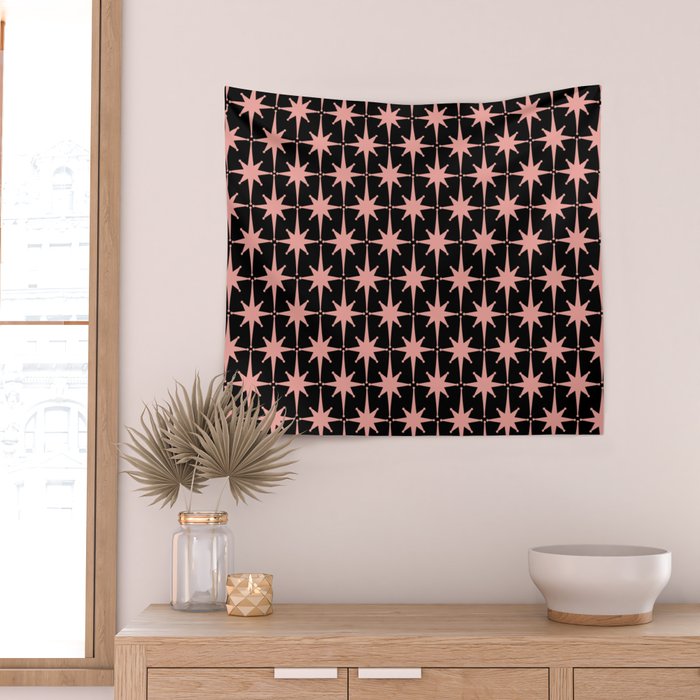 Midcentury Modern Atomic Starburst Pattern in Black and 50s Bathroom Pink Wall Tapestry Gallery Image 2