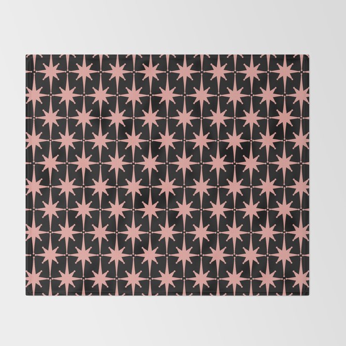 Midcentury Modern Atomic Starburst Pattern in Black and 50s Bathroom Pink Throw Blanket Gallery Image 2