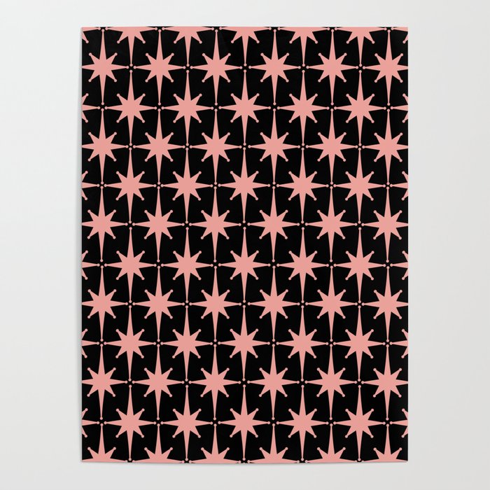 Midcentury Modern Atomic Starburst Pattern in Black and 50s Bathroom Pink Poster Gallery Image 1