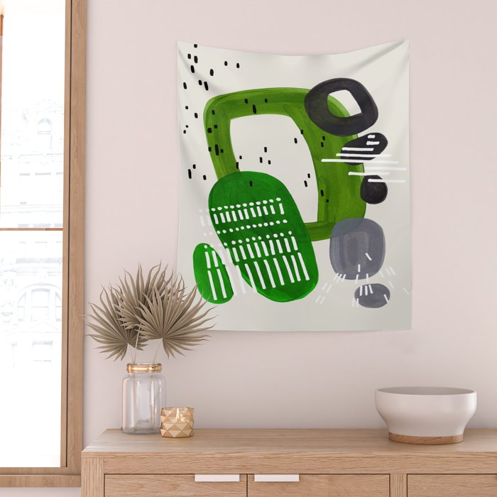 Fun Mid Century Modern Abstract Minimalist Olive Green Rings Grey Black Accent Wall Tapestry Gallery Image 2