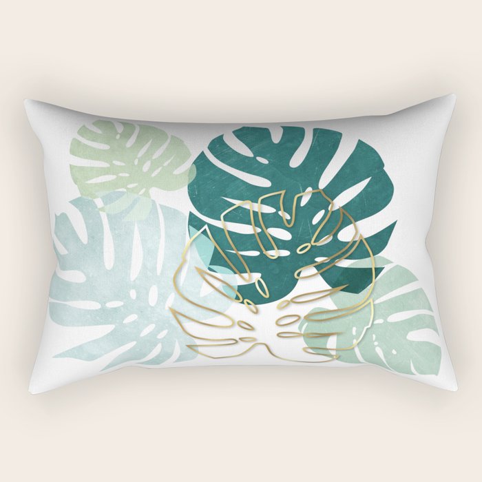 Tropical minimal / green, turquoise and gold monstera Rectangular Pillow Gallery Image 1