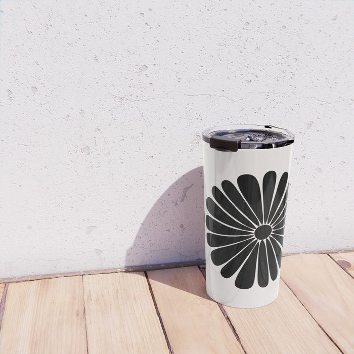 Retro Daisy Abstract I Black and White Bold Floral Travel Mug Gallery Image 4