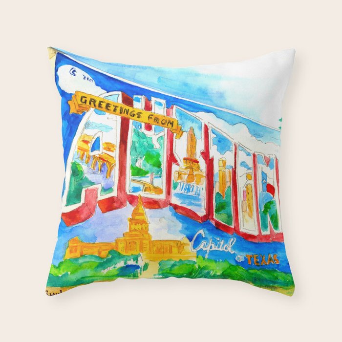 Greetings From Austin Mural watercolor Throw Pillow Gallery Image 1