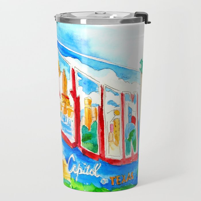 Greetings From Austin Mural watercolor Travel Mug Gallery Image 2
