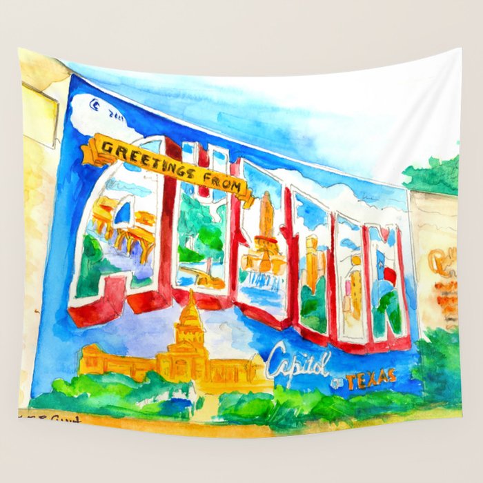 Greetings From Austin Mural watercolor Wall Tapestry Gallery Image 4