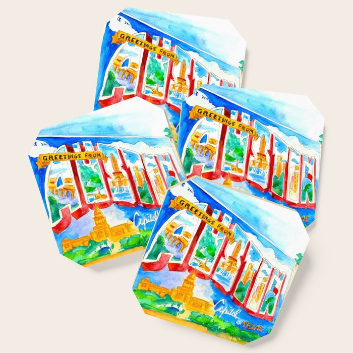 Greetings From Austin Mural watercolor Coaster Gallery Image 1