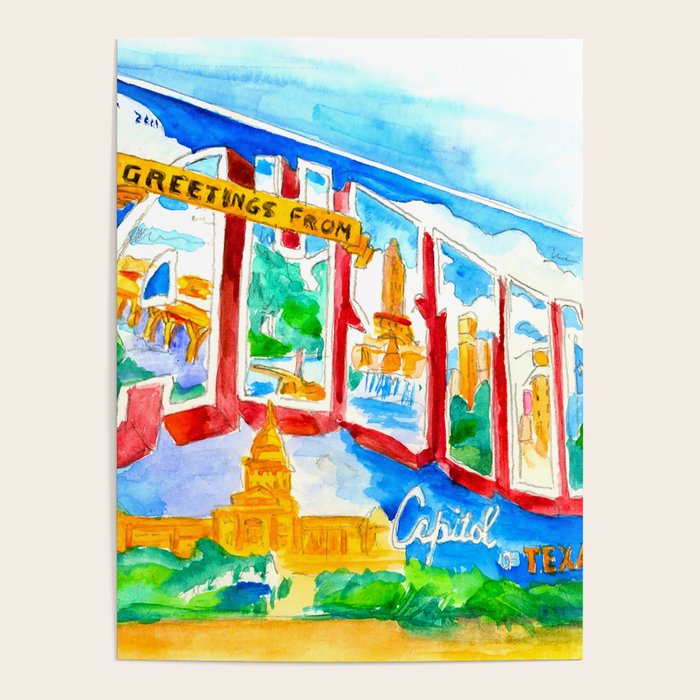 Greetings From Austin Mural watercolor Poster Gallery Image 1