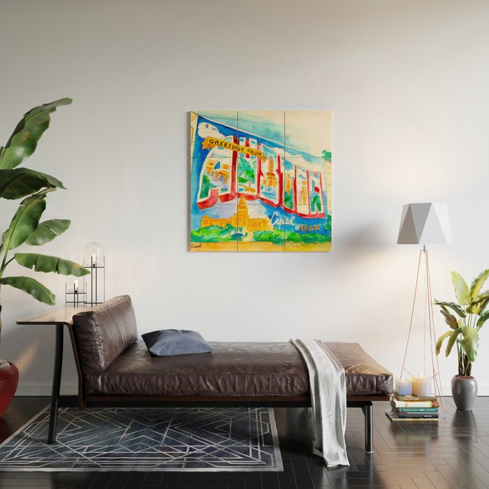 Greetings From Austin Mural watercolor Wood Wall Art Gallery Image 2