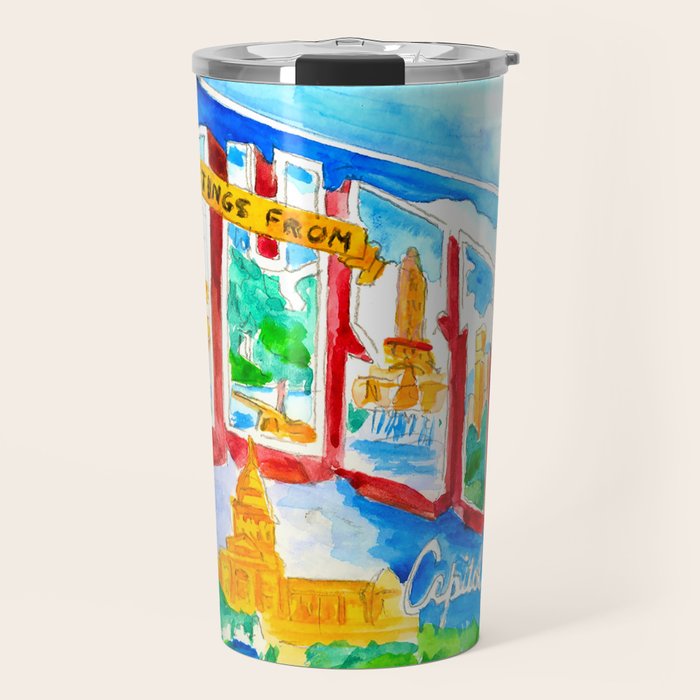 Greetings From Austin Mural watercolor Travel Mug Gallery Image 1