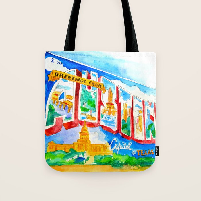 Greetings From Austin Mural watercolor Tote Bag Gallery Image 1