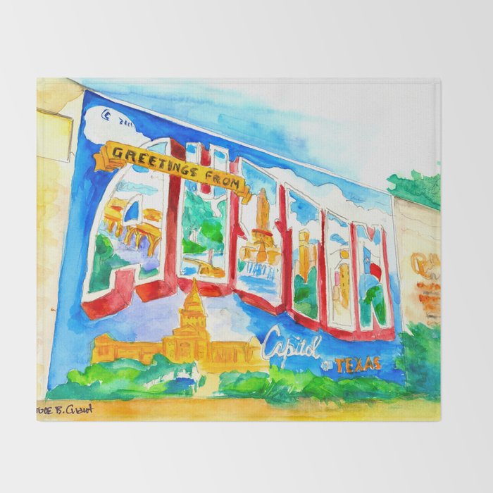 Greetings From Austin Mural watercolor Throw Blanket Gallery Image 2