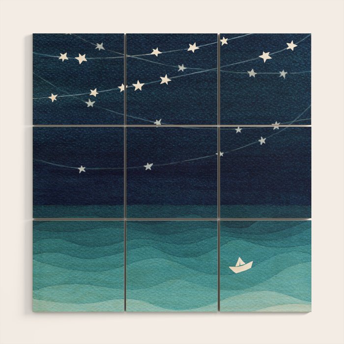 Garlands of stars, watercolor teal ocean Wood Wall Art Gallery Image 1