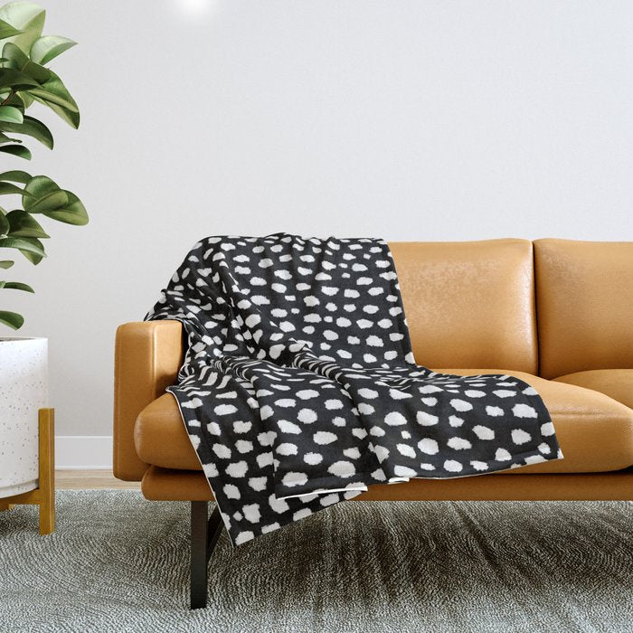 Handmade polka dot brush strokes (black and white reverse dalmatian) Throw Blanket Gallery Image 1