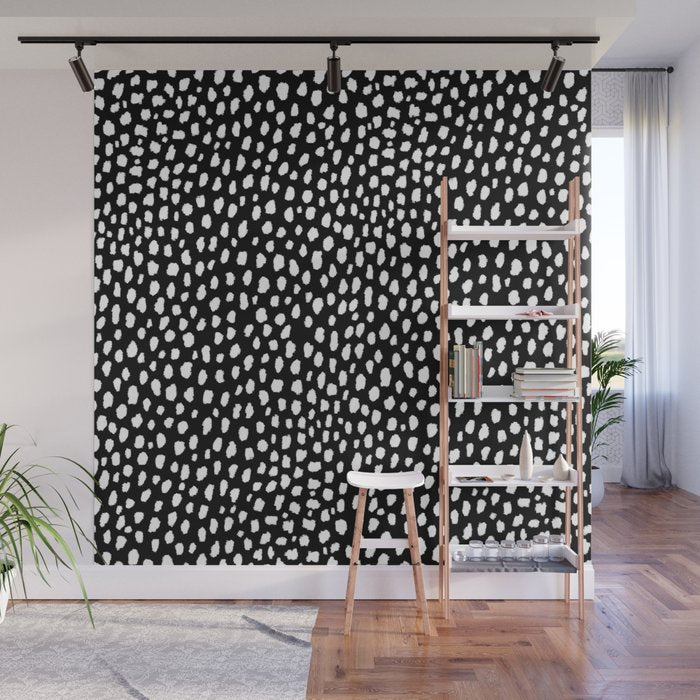 Handmade polka dot brush strokes (black and white reverse dalmatian) Wall Mural Gallery Image 1