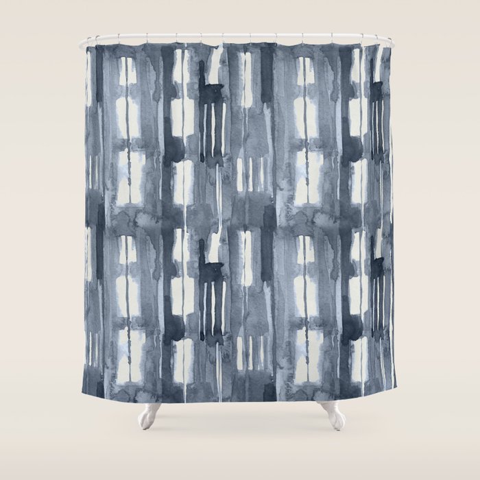 Simply Shibori Lines in Indigo Blue on Lunar Gray Shower Curtain Gallery Image 1