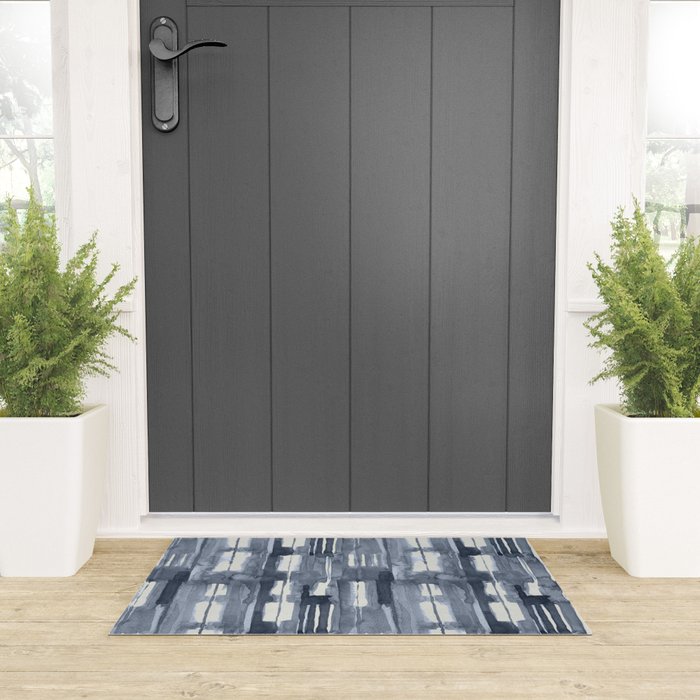 Simply Shibori Lines in Indigo Blue on Lunar Gray Welcome Mat Gallery Image 3