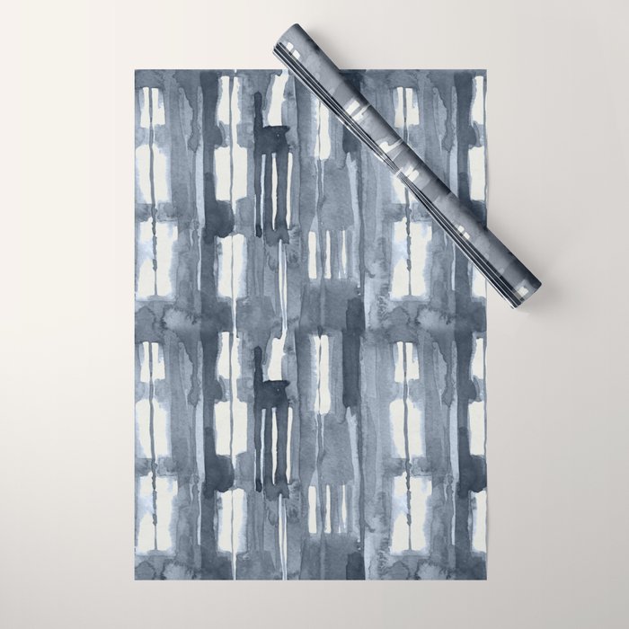 Simply Shibori Lines in Indigo Blue on Lunar Gray Wrapping Paper Gallery Image 1