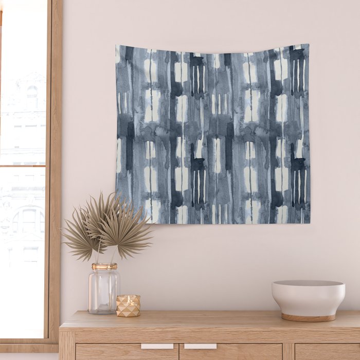 Simply Shibori Lines in Indigo Blue on Lunar Gray Wall Tapestry Gallery Image 2