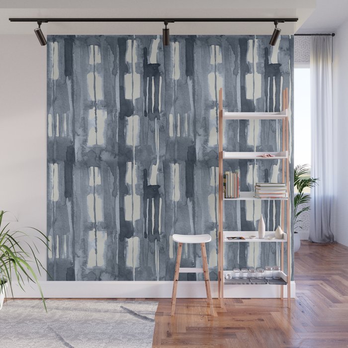 Simply Shibori Lines in Indigo Blue on Lunar Gray Wall Mural Gallery Image 1