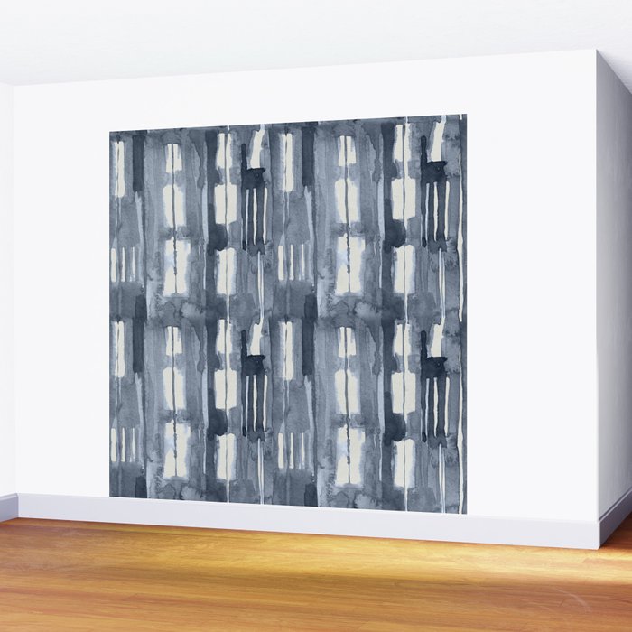 Simply Shibori Lines in Indigo Blue on Lunar Gray Wall Mural Gallery Image 2