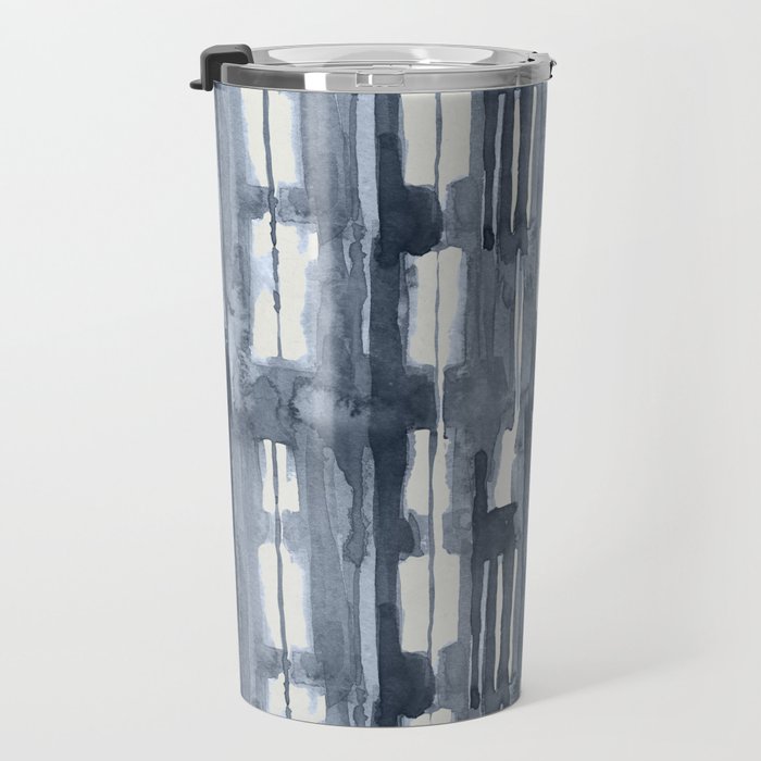 Simply Shibori Lines in Indigo Blue on Lunar Gray Travel Mug Gallery Image 3