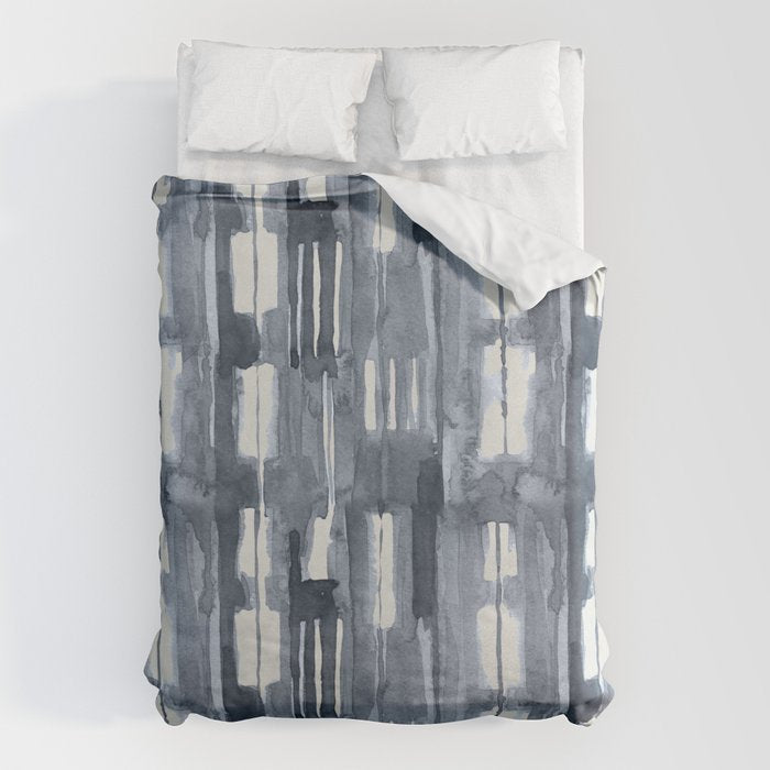 Simply Shibori Lines in Indigo Blue on Lunar Gray Duvet Cover Gallery Image 1