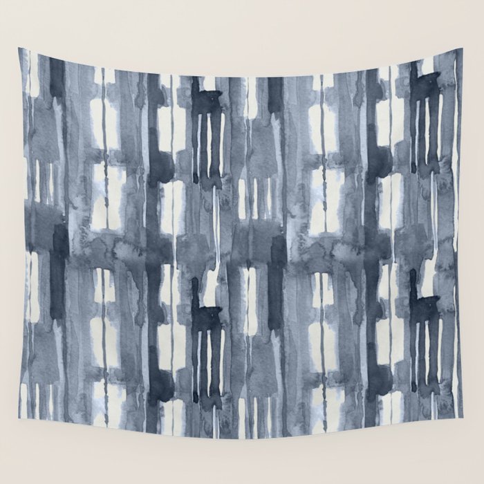 Simply Shibori Lines in Indigo Blue on Lunar Gray Wall Tapestry Gallery Image 4