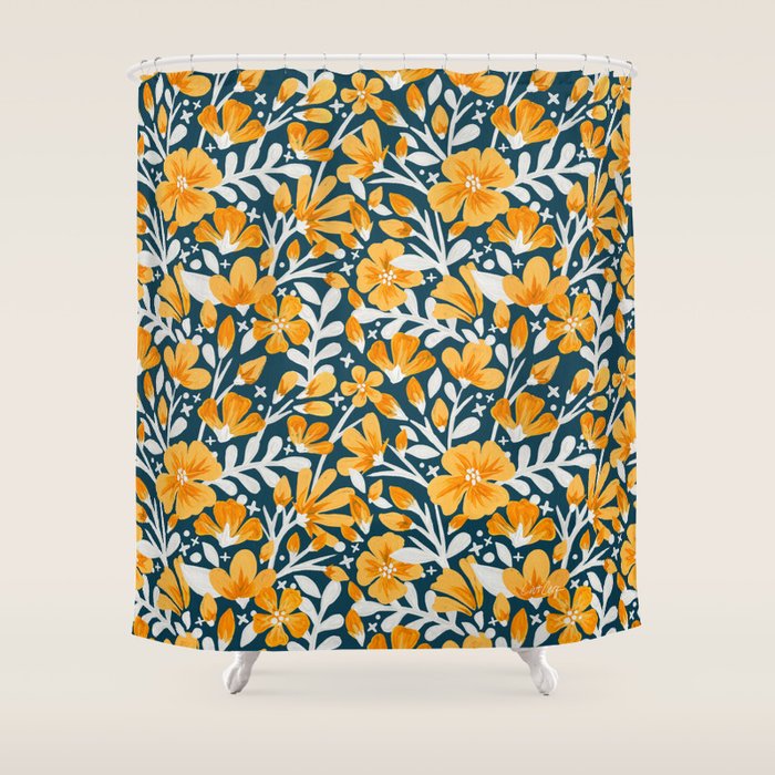 Blossom Pattern â Ochre & Teal Shower Curtain Gallery Image 1