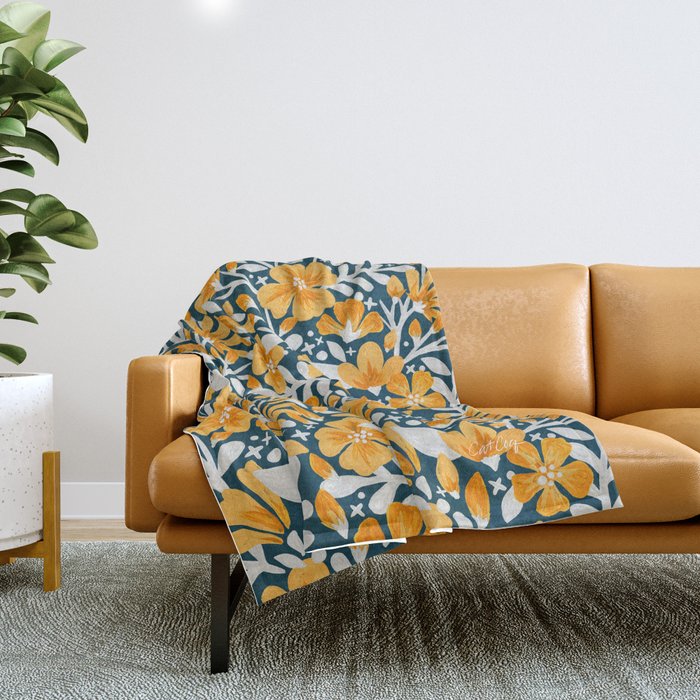 Blossom Pattern â Ochre & Teal Throw Blanket Gallery Image 1