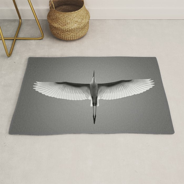 Wings of an Egret in Mid-flight black and white photography - black and white photographs Rug Gallery Image 1