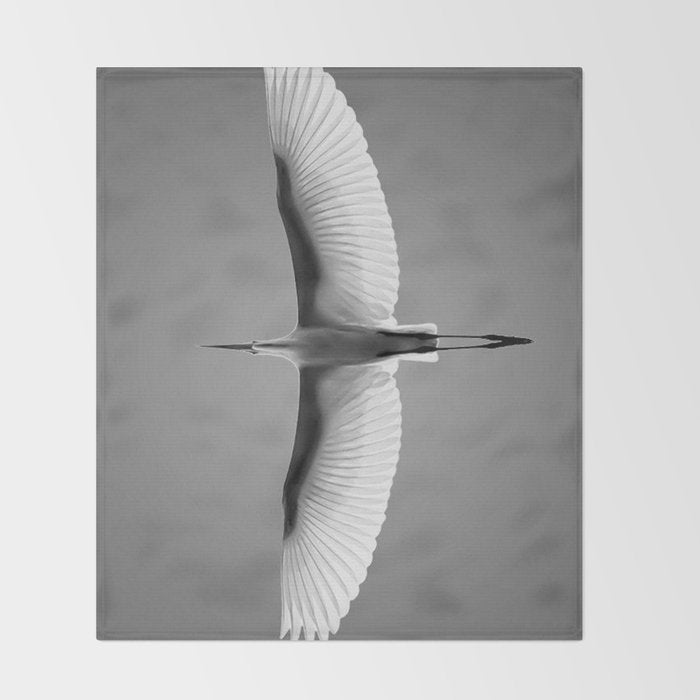 Wings of an Egret in Mid-flight black and white photography - black and white photographs Throw Blanket Gallery Image 2