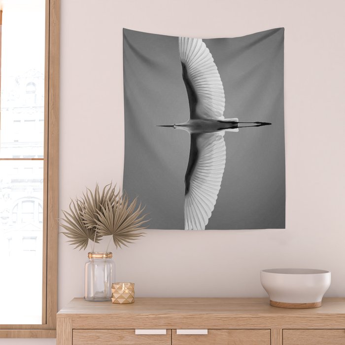 Wings of an Egret in Mid-flight black and white photography - black and white photographs Wall Tapestry Gallery Image 2
