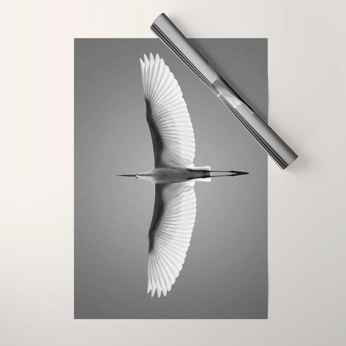 Wings of an Egret in Mid-flight black and white photography - black and white photographs Wrapping Paper Gallery Image 1