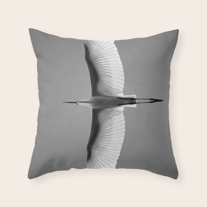 Wings of an Egret in Mid-flight black and white photography - black and white photographs Throw Pillow Gallery Image 6