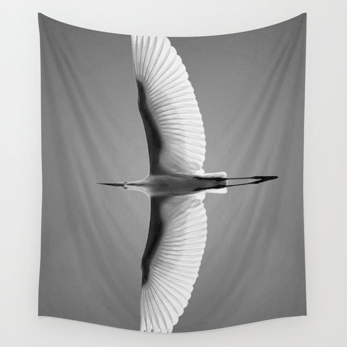 Wings of an Egret in Mid-flight black and white photography - black and white photographs Wall Tapestry Gallery Image 4