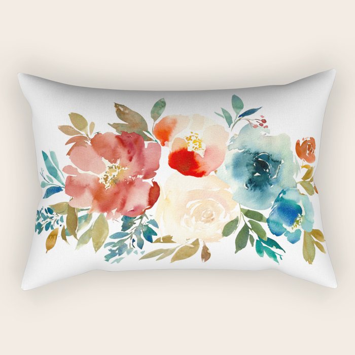 Red Turquoise Teal Floral Watercolor Rectangular Pillow Gallery Image 2