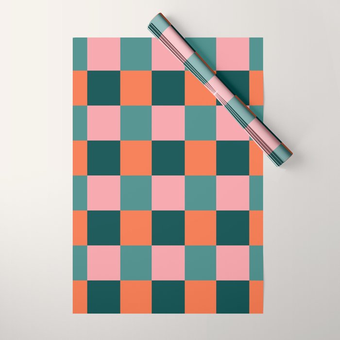 Retro Teal Green and Orange Checkerboard Wrapping Paper Gallery Image 1