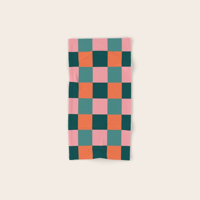 Retro Teal Green and Orange Checkerboard Bath Towel Gallery Image 1