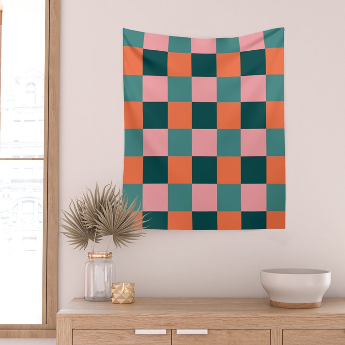 Retro Teal Green and Orange Checkerboard Wall Tapestry Gallery Image 2