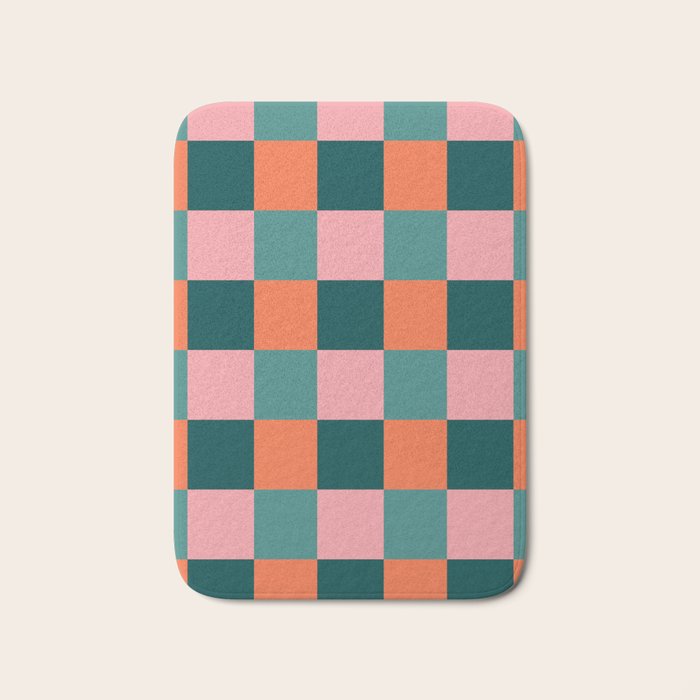 Retro Teal Green and Orange Checkerboard Bath Mat Gallery Image 1