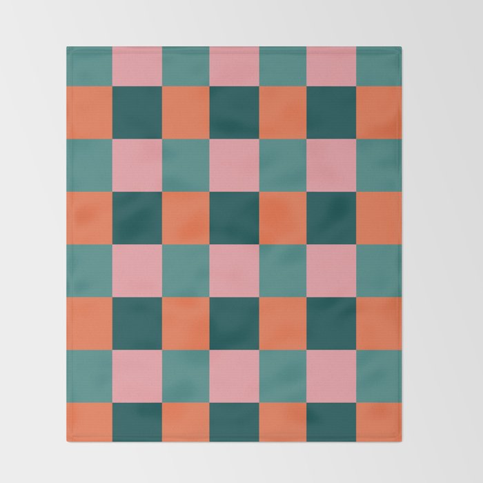 Retro Teal Green and Orange Checkerboard Throw Blanket Gallery Image 2