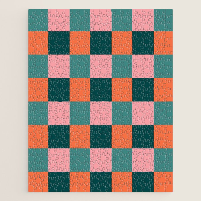 Retro Teal Green and Orange Checkerboard Jigsaw Puzzle Gallery Image 1