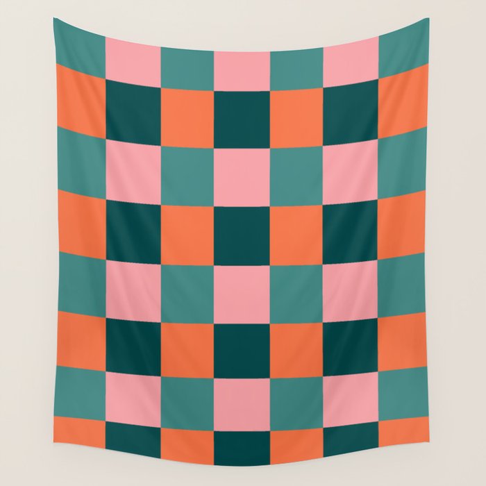 Retro Teal Green and Orange Checkerboard Wall Tapestry Gallery Image 4