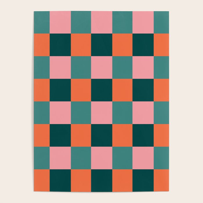 Retro Teal Green and Orange Checkerboard Poster Gallery Image 4