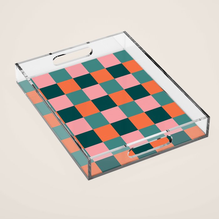 Retro Teal Green and Orange Checkerboard Acrylic Tray Gallery Image 1