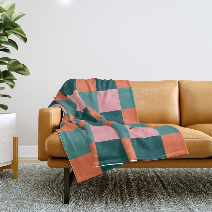 Retro Teal Green and Orange Checkerboard Throw Blanket Gallery Image 1