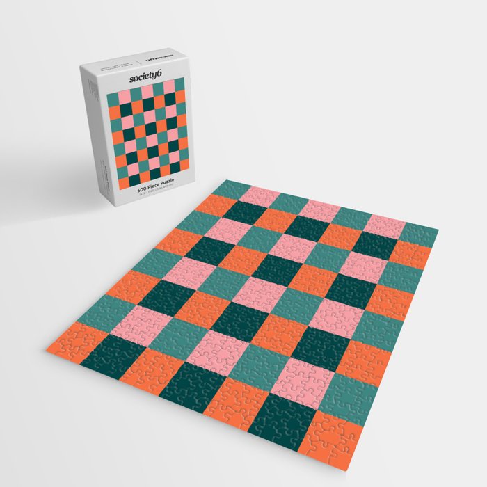 Retro Teal Green and Orange Checkerboard Jigsaw Puzzle Gallery Image 2