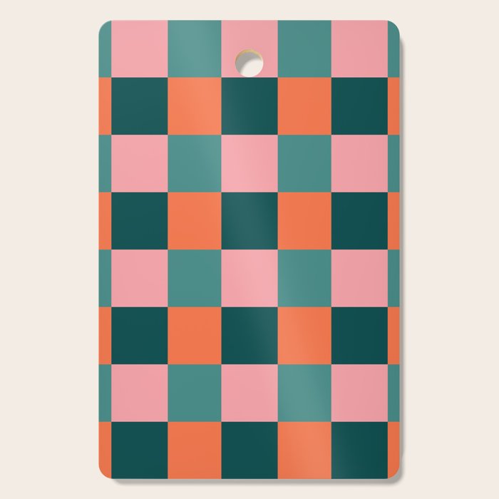 Retro Teal Green and Orange Checkerboard Cutting Board Gallery Image 1
