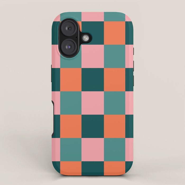 Retro Teal Green and Orange Checkerboard iPhone Case Gallery Image 1